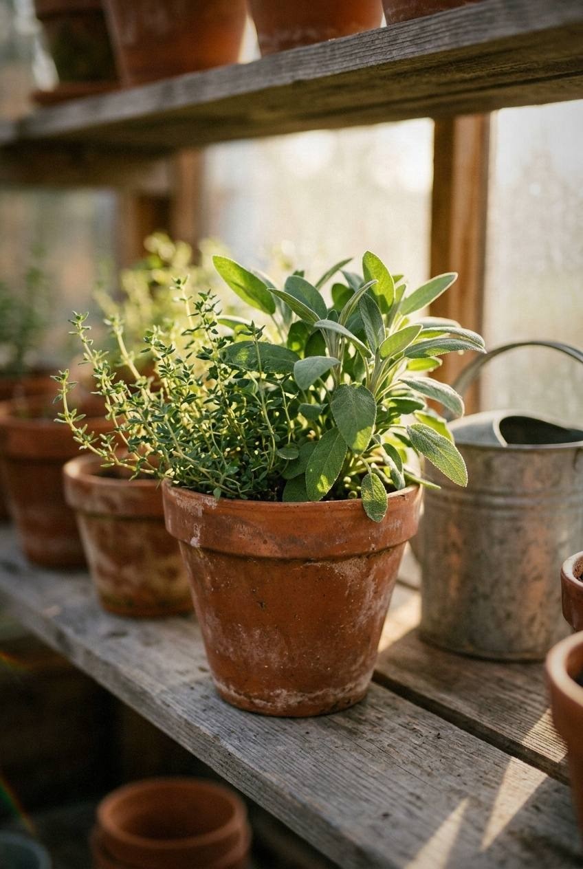 Three terracotta pots of basil parsley and oregano on a sunny kitchen windowsill