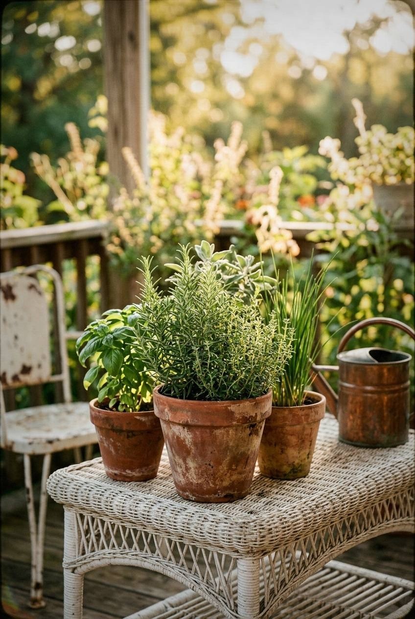 Mediterranean herb pots of rosemary thyme oregano and a small bay laurel on a kitchen sill