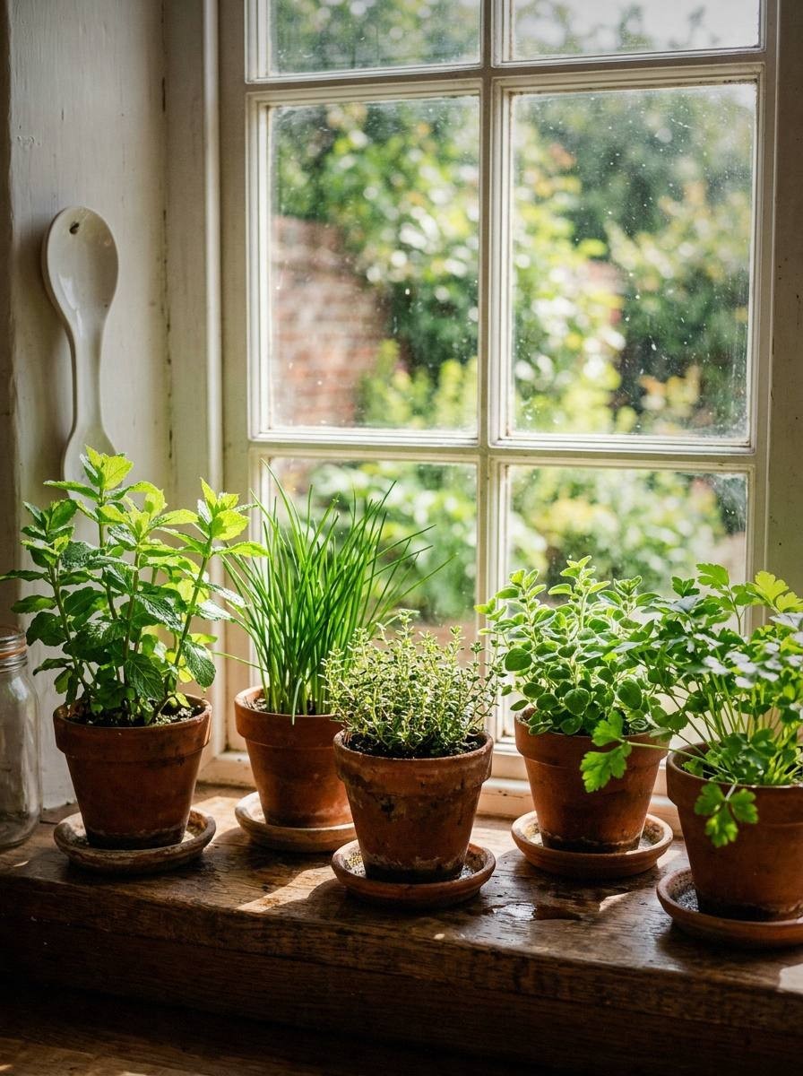 Five herb pots lined up on a sunny south-facing kitchen windowsill with morning light streaming in