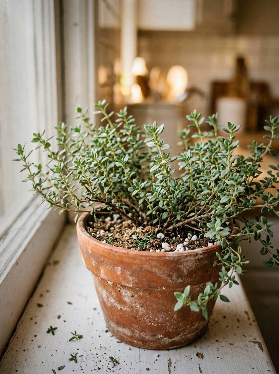 Close-up of a compact thyme plant in a terracotta pot on a kitchen windowsill with small green leaves and woody stems