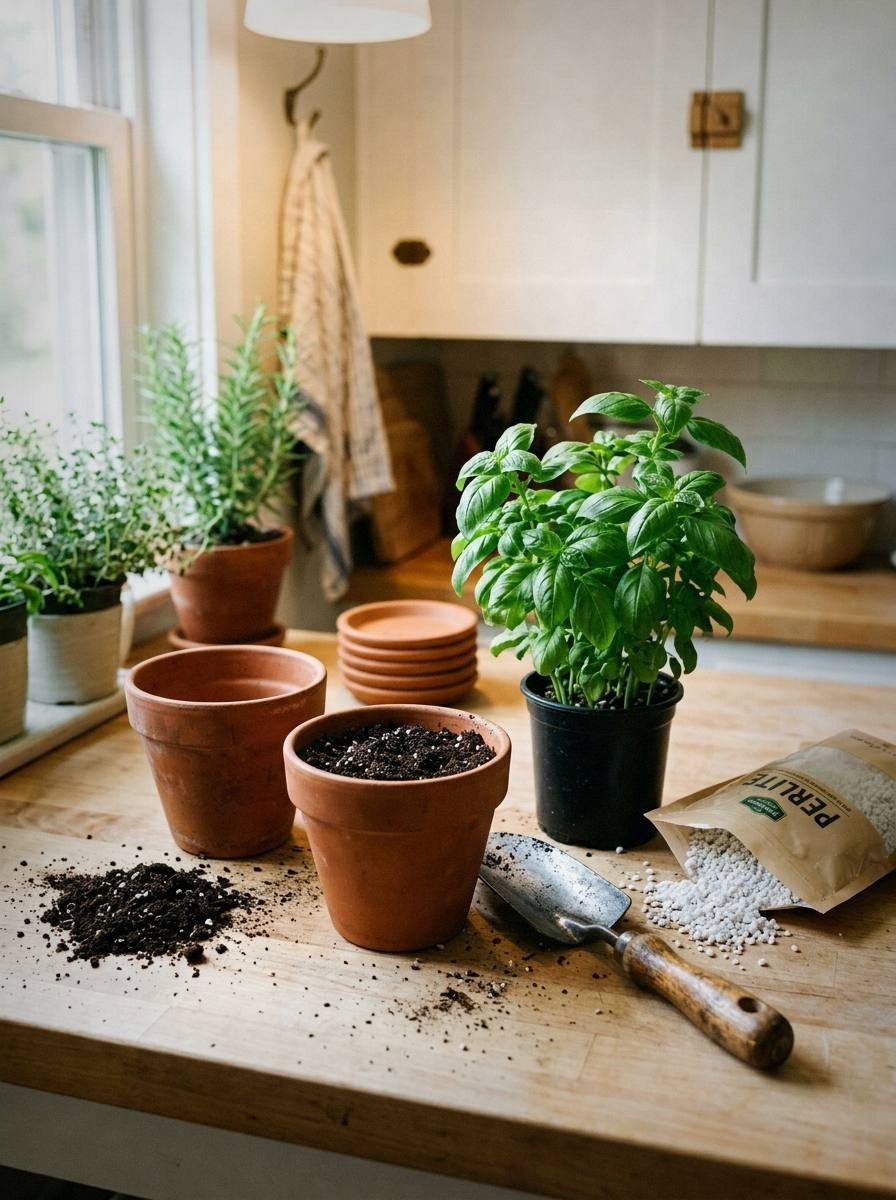 A kitchen windowsill herb garden with terracotta pots of oregano, parsley, and chives next to a window with bright natural light