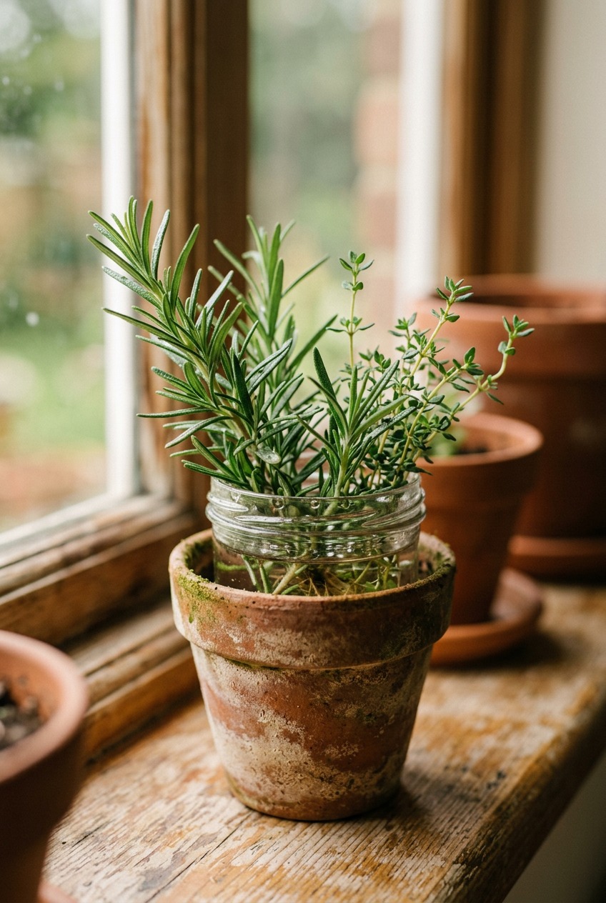 Fresh basil cuttings rooting in a clear glass jar on a sunny windowsill
