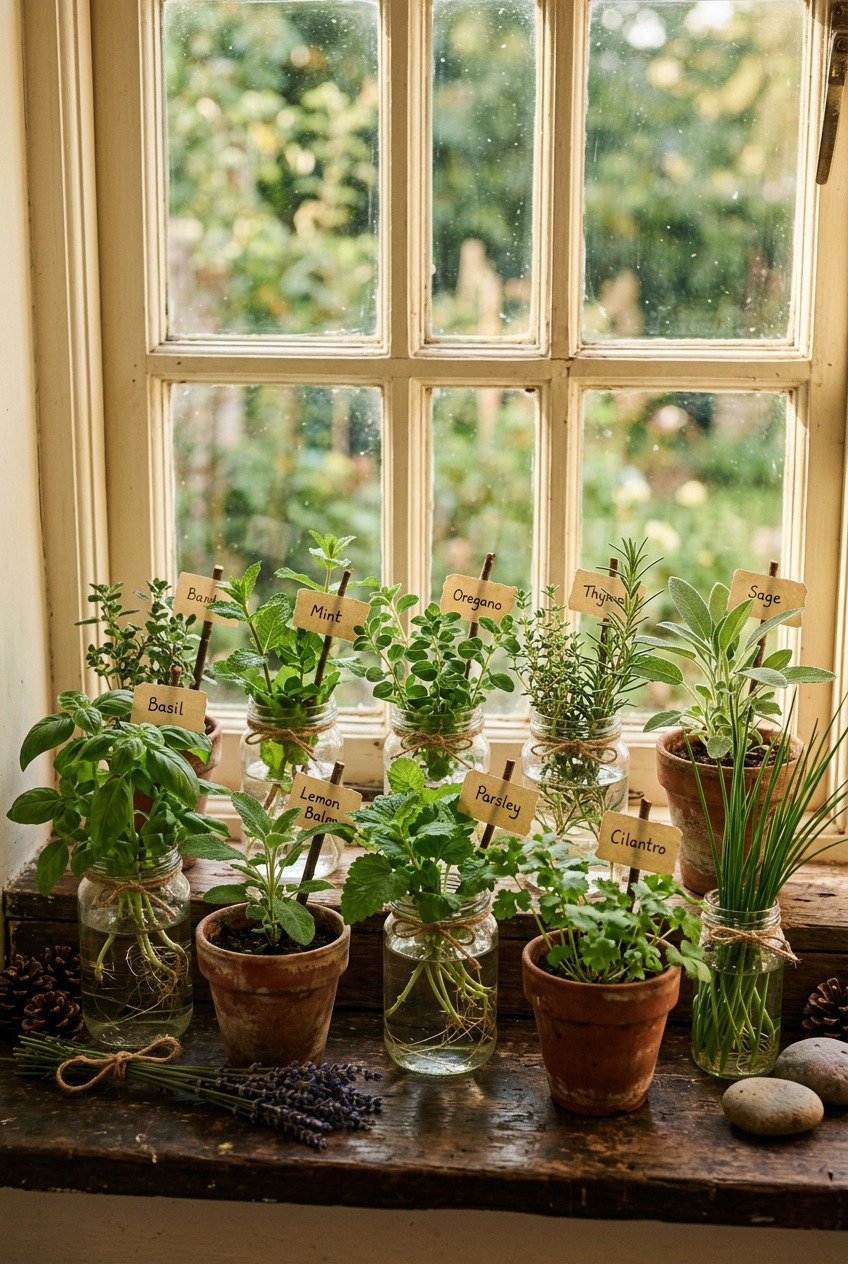 Several herb varieties rooting in small glass bottles arranged on a kitchen windowsill