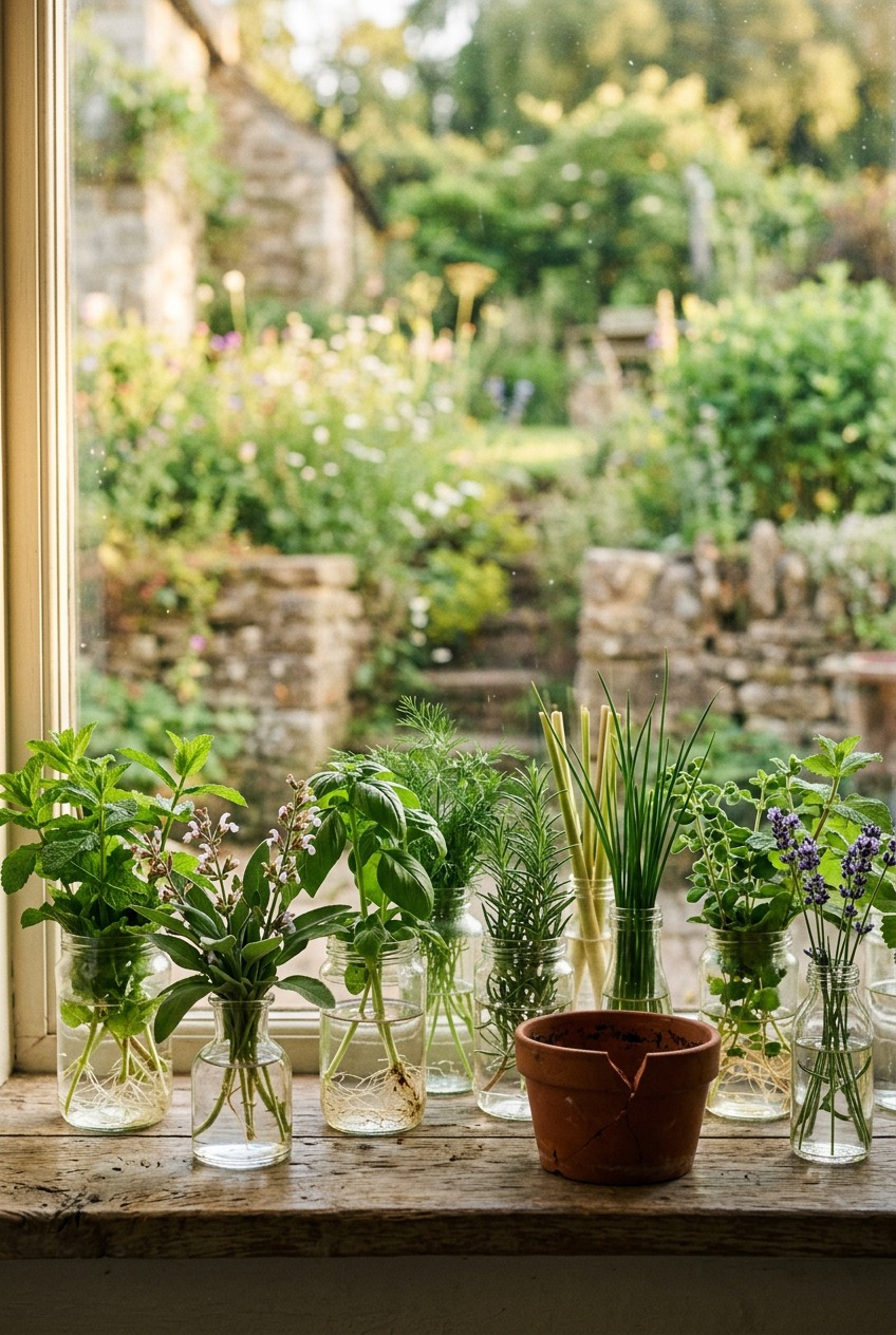 A kitchen windowsill herb garden with multiple glass jars containing rooting herb cuttings