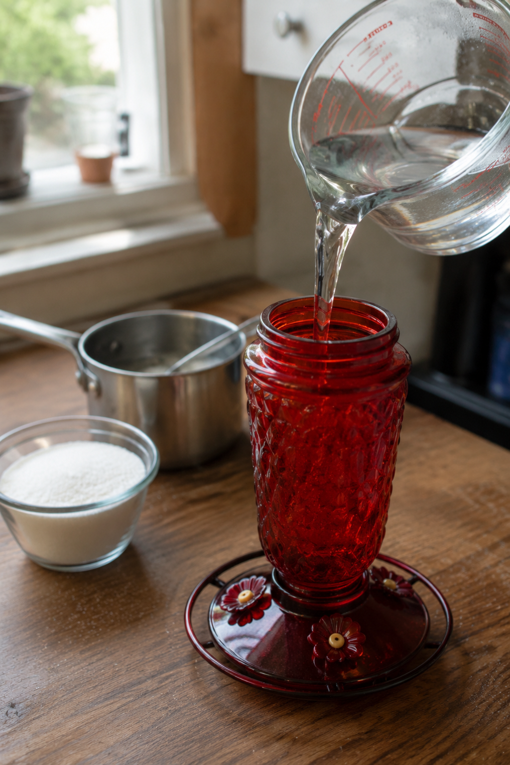 Clear hummingbird nectar in a glass measuring cup beside a sugar bowl and a clean red glass feeder on a kitchen counter