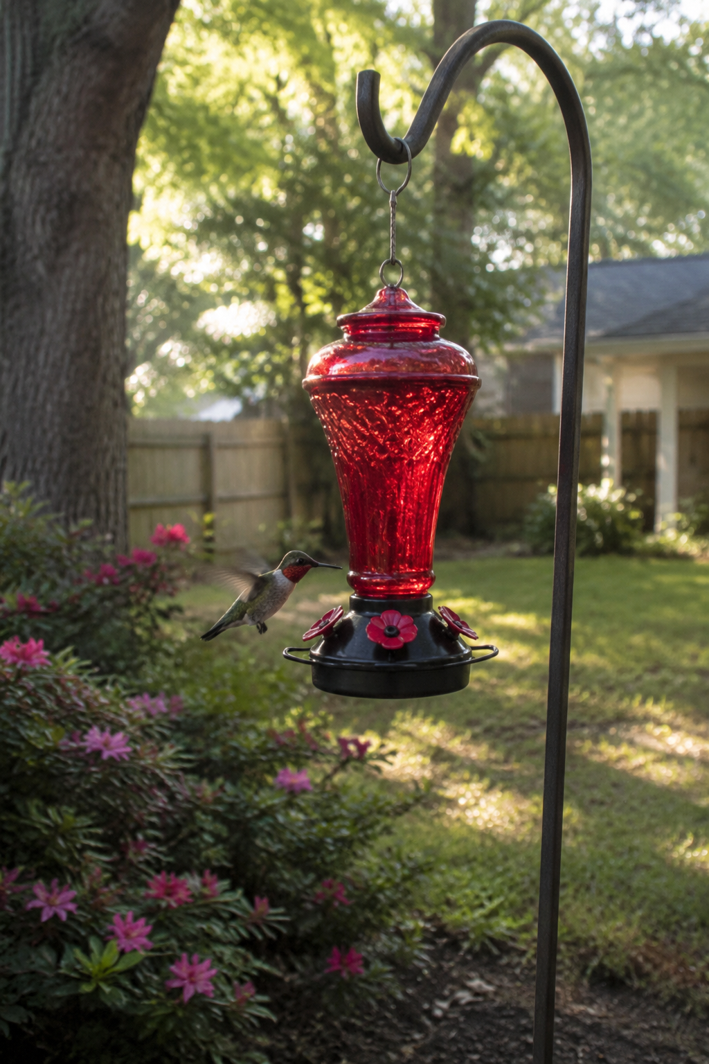 Red glass hummingbird feeder hanging from a shepherds hook in partial morning shade with a hummingbird mid-flight near the feeding port