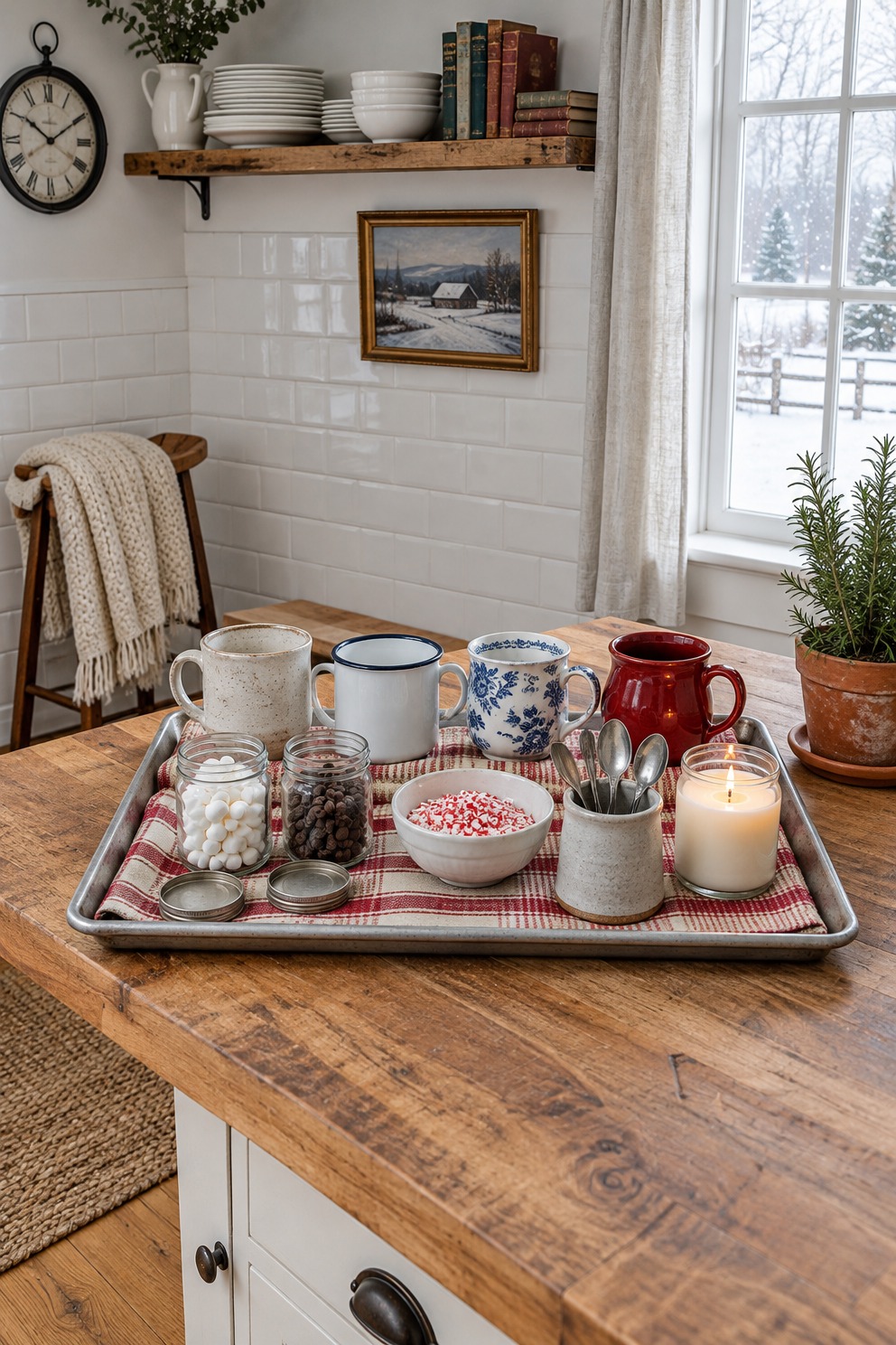 Hot chocolate bar on a rimmed baking sheet lined with a plaid dish towel, holding four mismatched mugs, two jars of marshmallows and chocolate chips, a bowl of crushed peppermint, a cup of spoons and a lit candle
