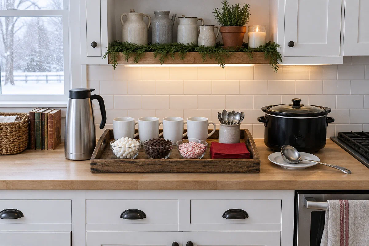 Hot chocolate bar on a wood tray with four white mugs and bowls of marshmallows, chocolate chips and crushed peppermint, beside a steel thermal carafe and a black slow cooker on a small kitchen counter