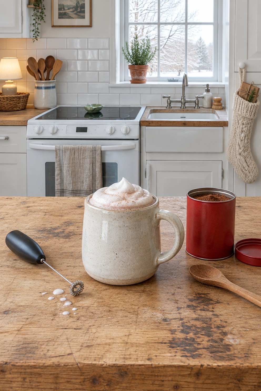 A cream stoneware mug of hot cocoa with a swirl of foam on a butcher block counter, a handheld frother beside it and a red tin of cocoa mix, in a white farmhouse kitchen with a knit stocking hanging by the stove