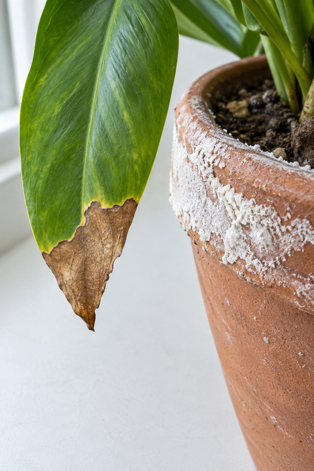 A close-up of a houseplant leaf with a dry brown crisp tip against green tissue, next to a saucer with a white mineral crust