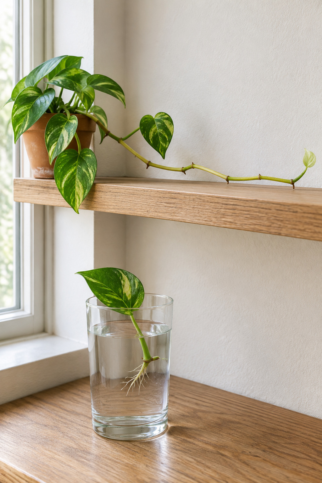 A leggy pothos vine with long bare stretches of stem between leaves, trained along a shelf, with a glass of water rooting a cutting below it