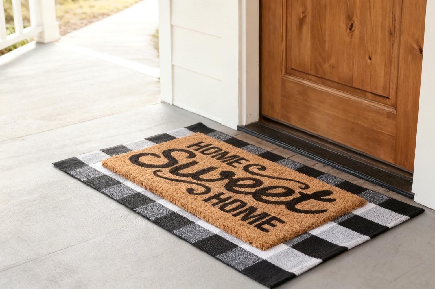 Layered coir welcome mat over a patterned rug on a covered front step beside a painted door