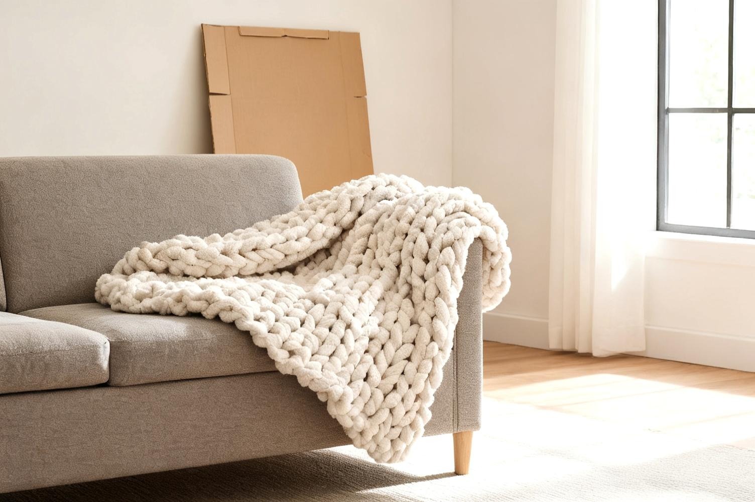 Chunky knit throw blanket folded over the arm of a sofa in a partly unpacked living room