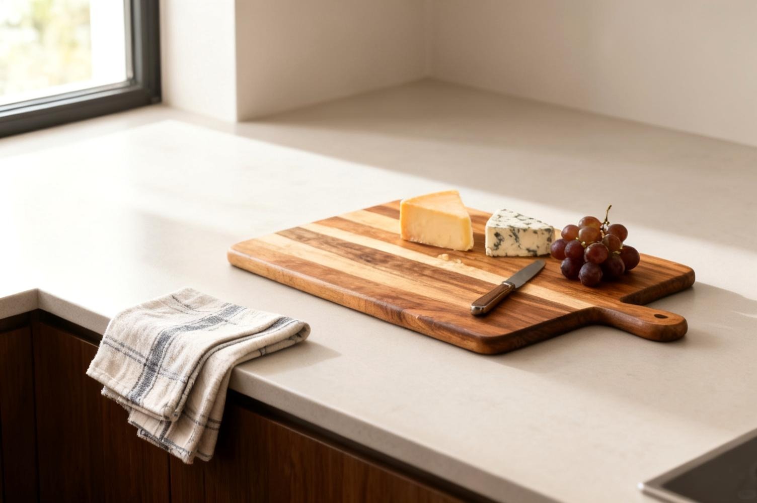 Acacia wood serving board with a handle on a kitchen counter holding cheese, grapes and a small knife