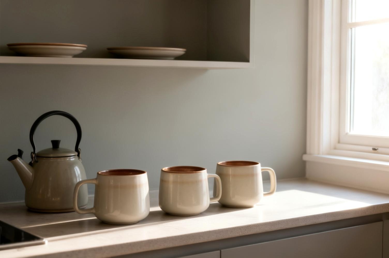 Four stoneware mugs in a soft sage glaze stacked beside a kettle on a kitchen counter
