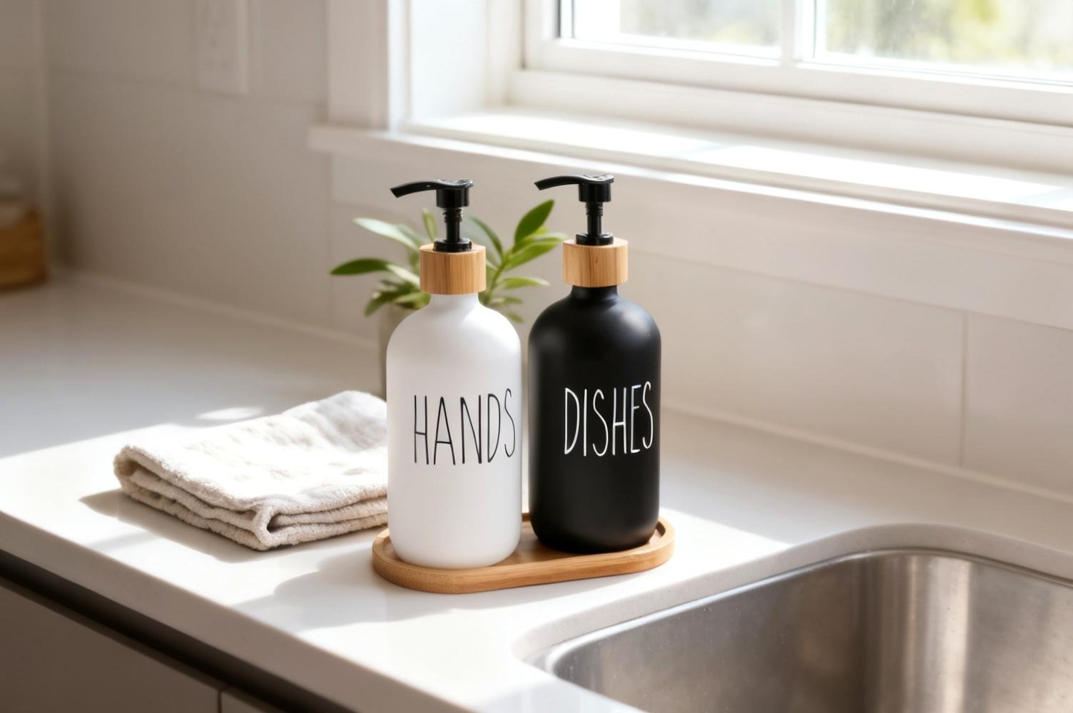 Pair of matching soap dispensers with bamboo detail beside a kitchen sink