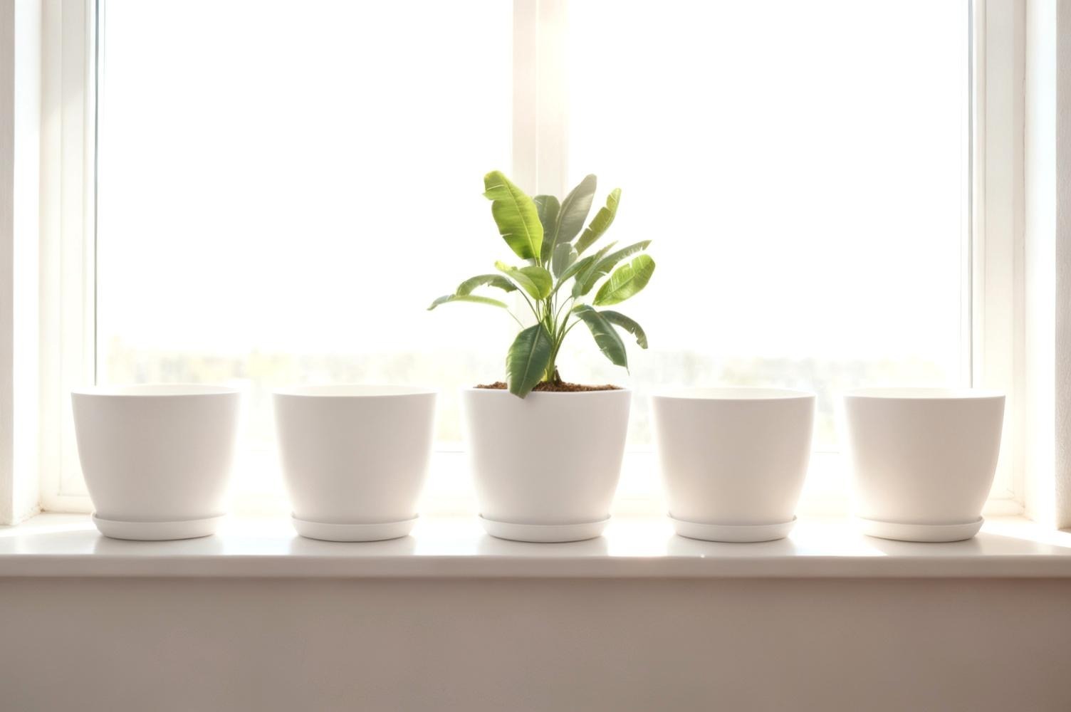 Set of white planters with drainage saucers on a sunny windowsill, one holding a small green plant