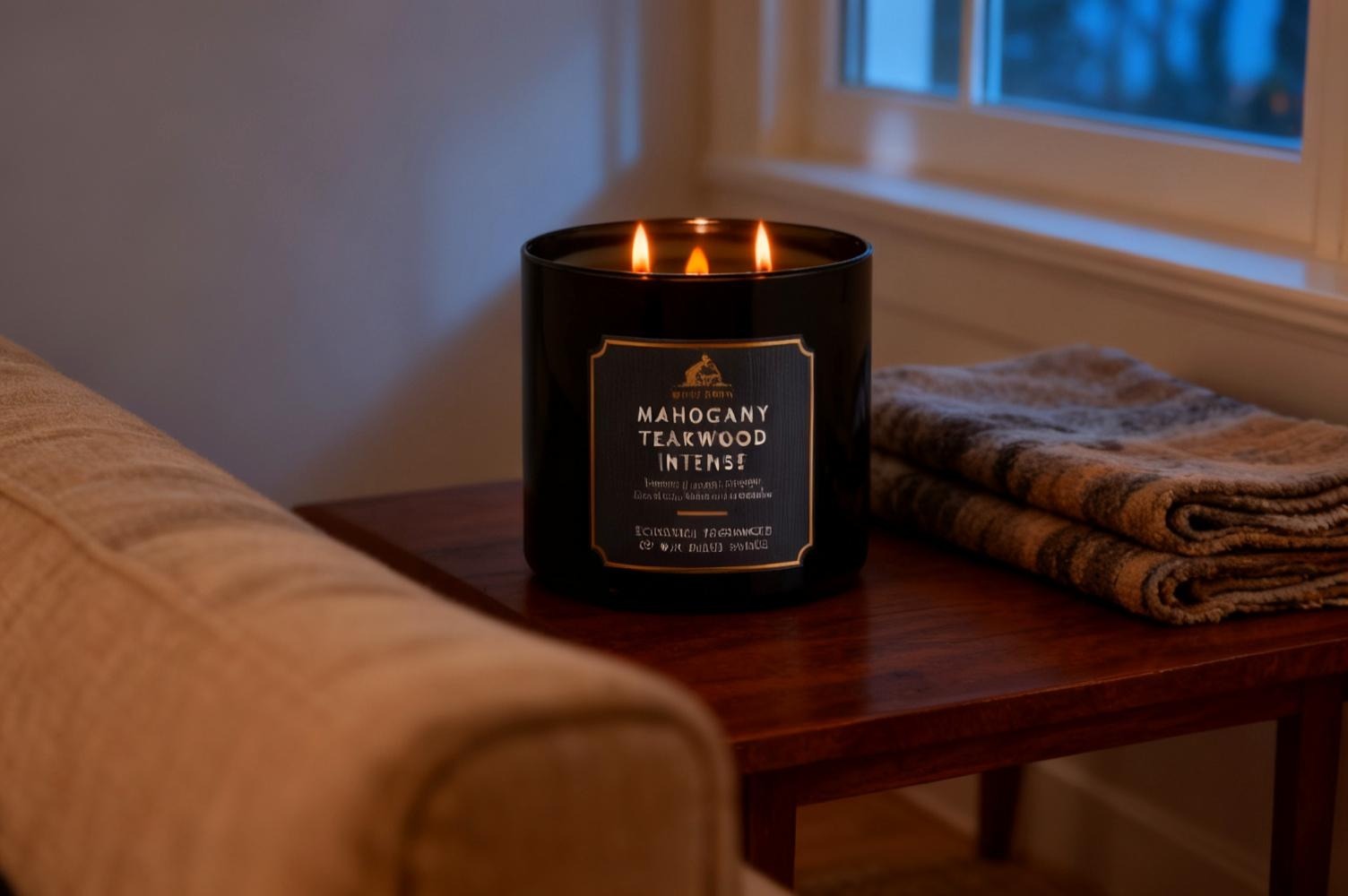 Large three-wick candle lit on a wooden side table beside a folded throw in a dim living room