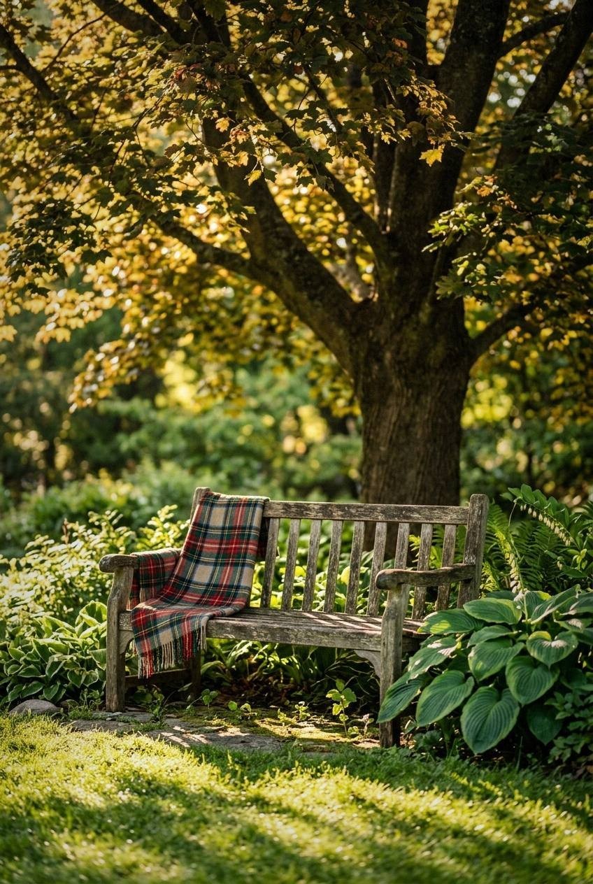 A weathered wooden garden bench beneath a mature maple tree with dappled morning sunlight on the grass