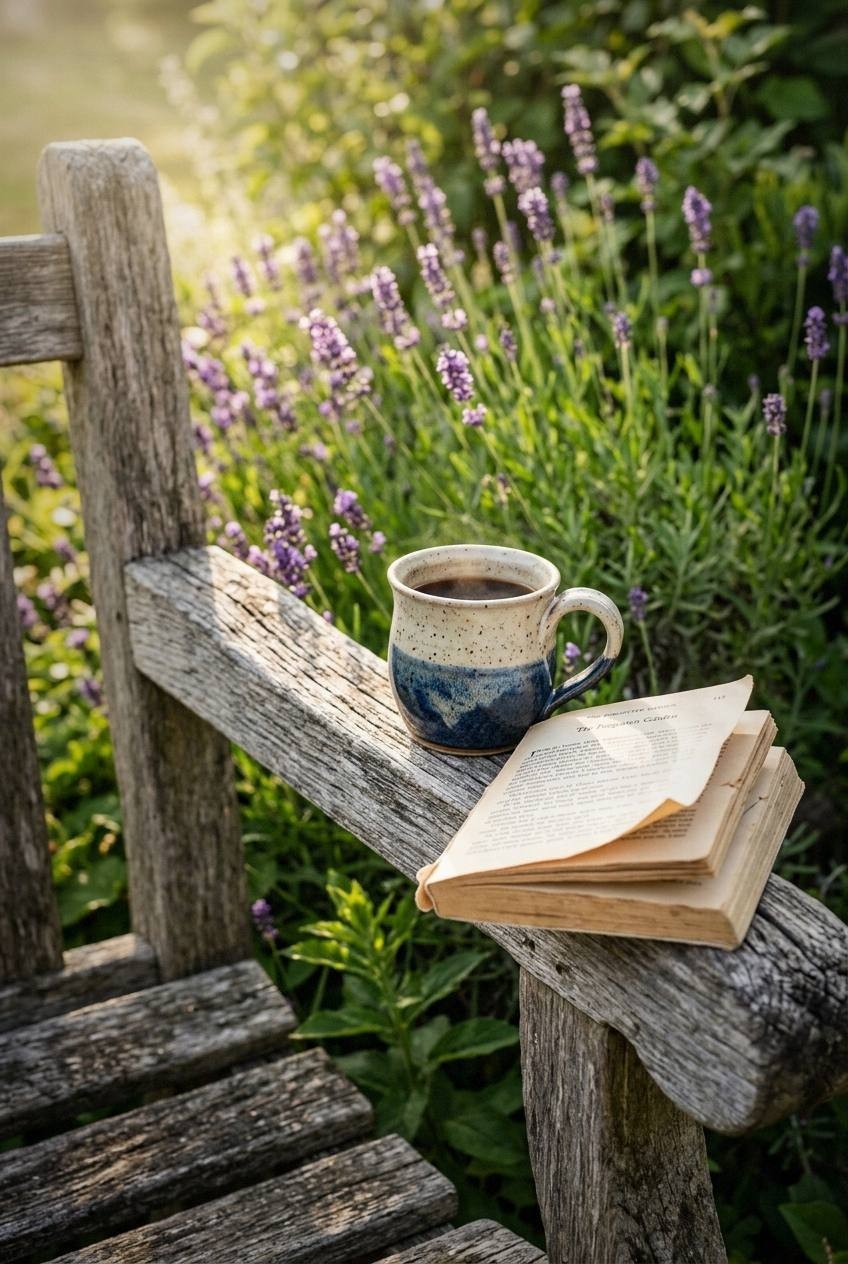 Close-up of creeping thyme growing between flagstones at the base of a garden bench with soft purple blooms