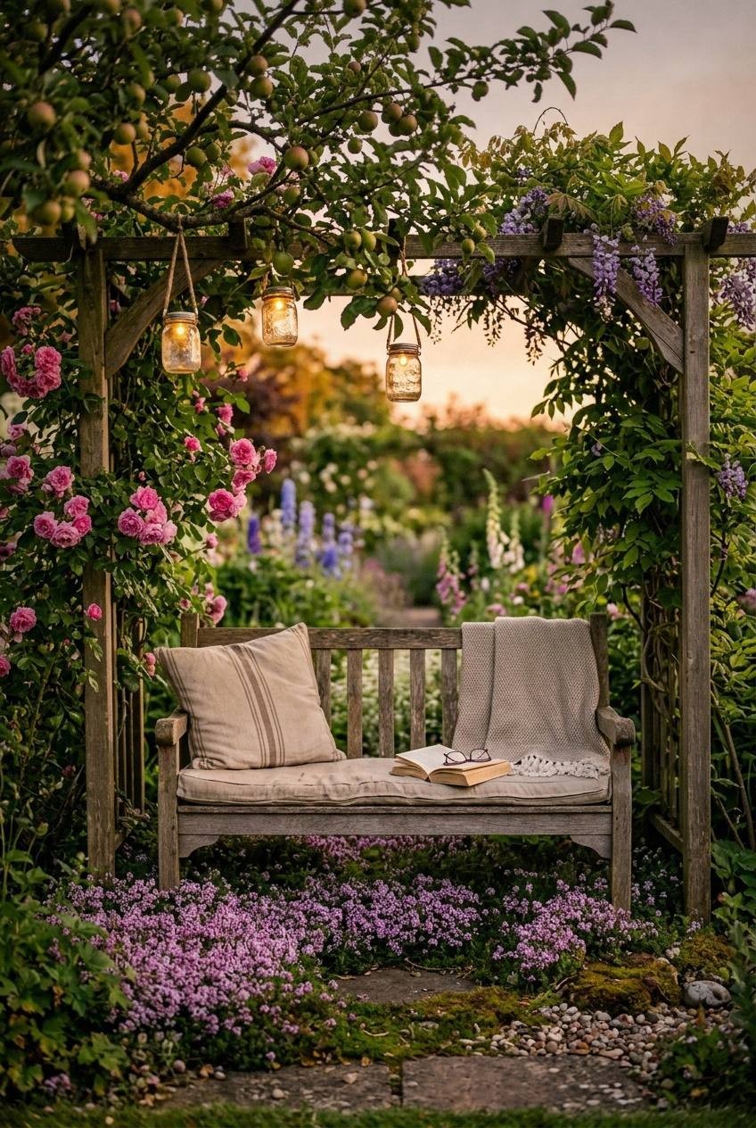 Evening view of a garden bench under a tree with a lit solar lantern hanging from a branch and a book resting on the armrest