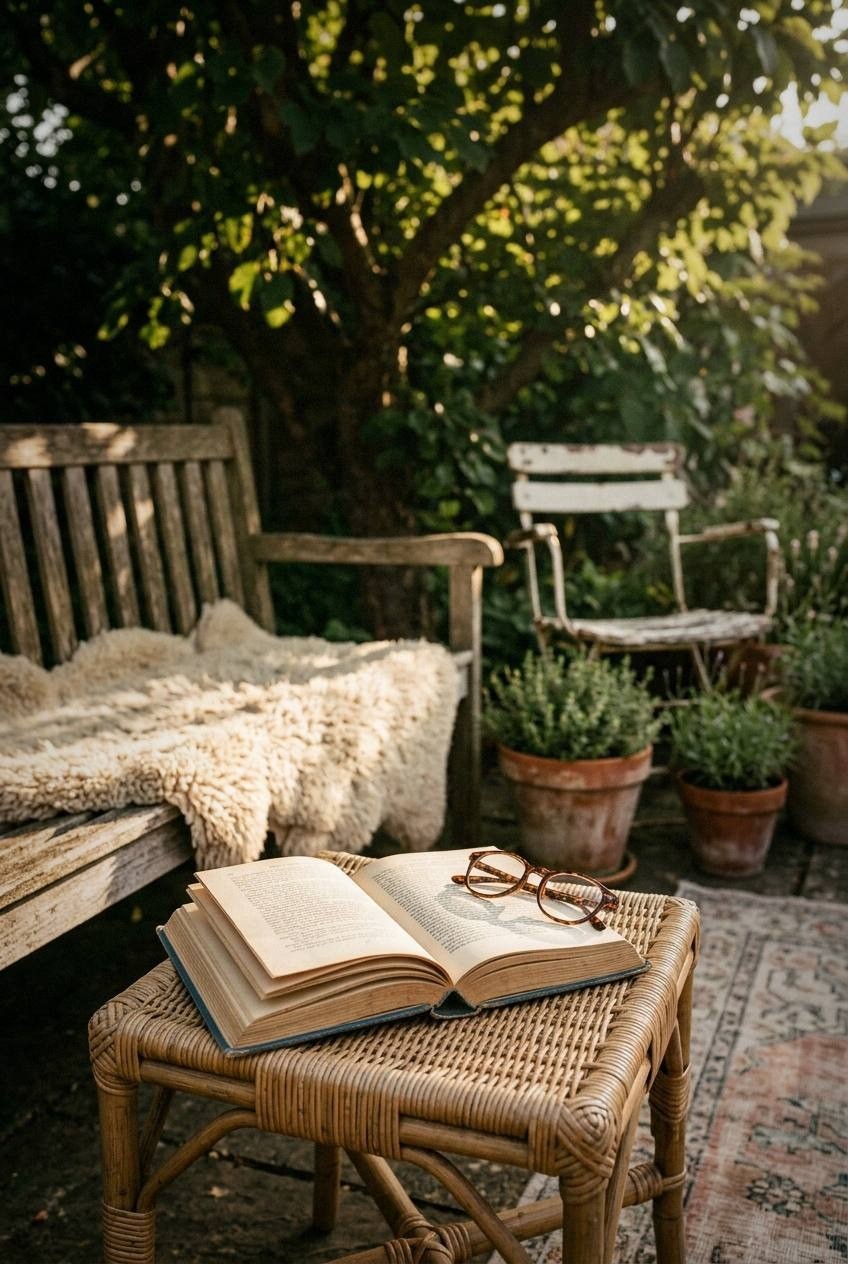 Outdoor reading nook at dusk with a small lantern on the side table casting warm light