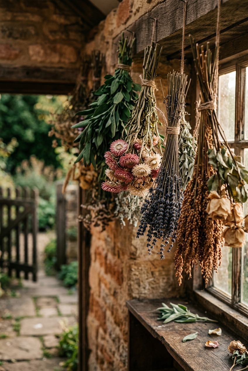 Freshly cut garden flowers laid out on a wooden table ready for drying including lavender, roses, and strawflowers