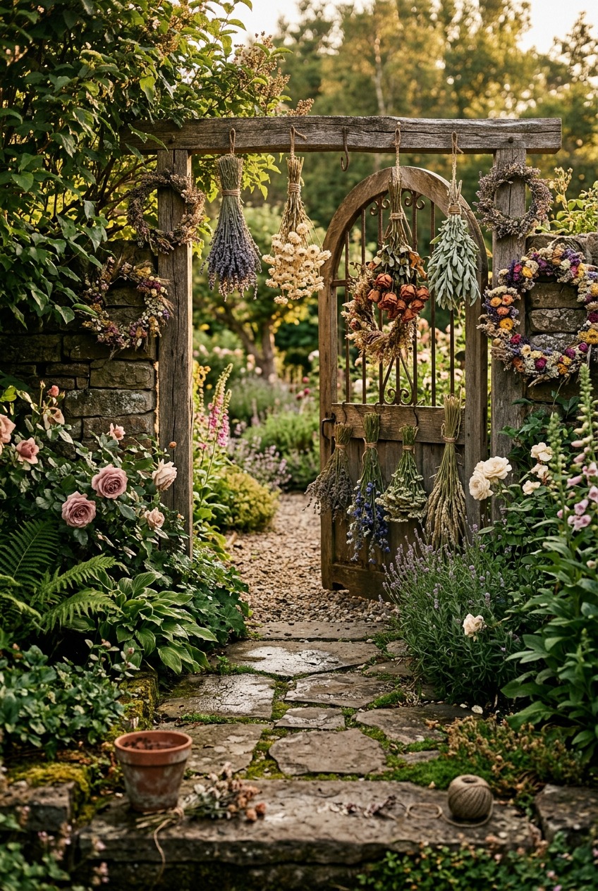 Eucalyptus and hydrangea stems sitting in glass jars of glycerin solution on a rustic wooden shelf