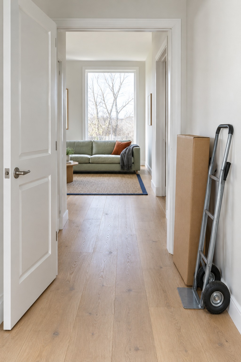 Clear hallway and wide-open door leading into a living room with a carton waiting in the hall