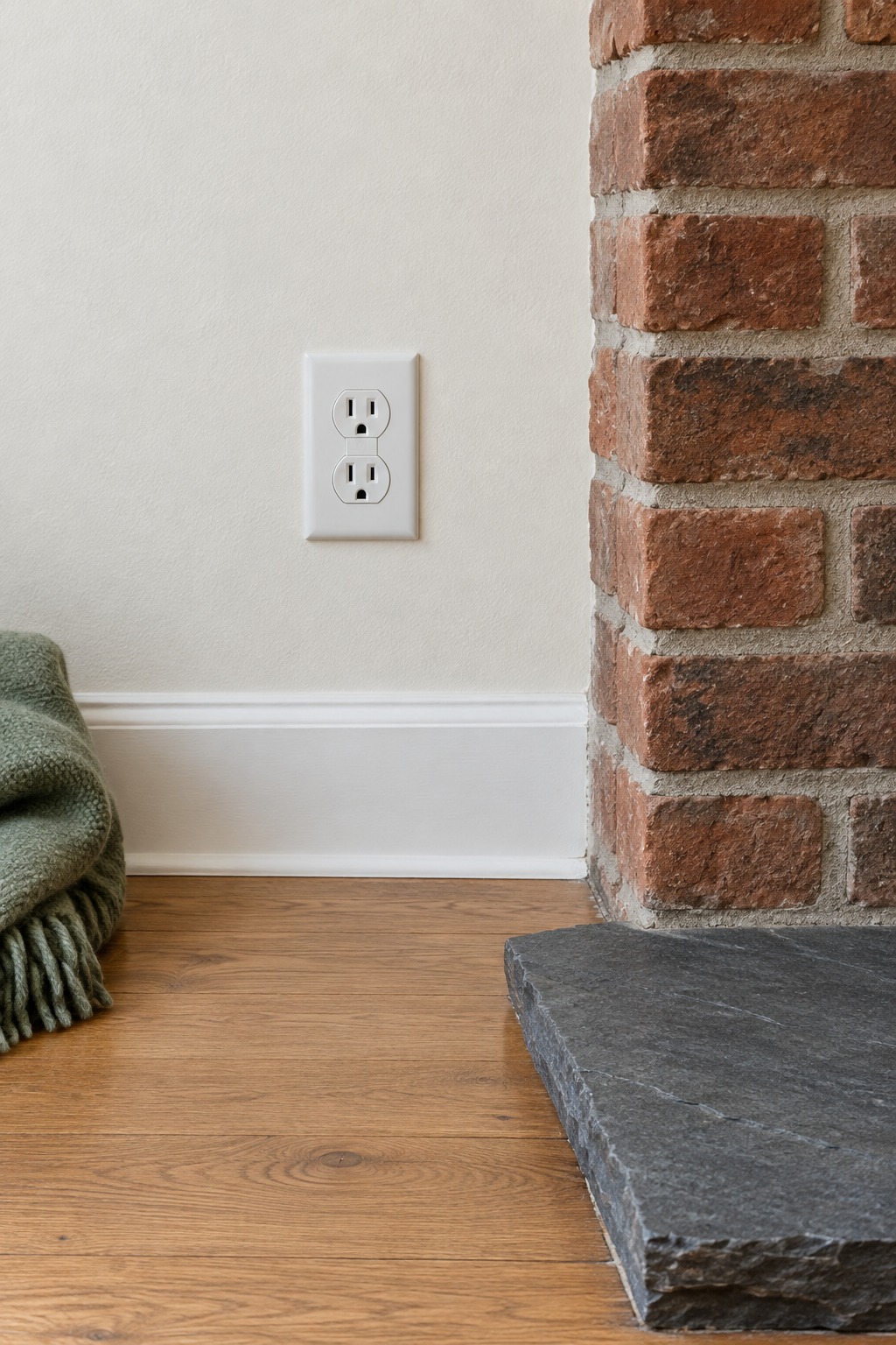 Empty white wall outlet low on the wall beside a brick fireplace hearth