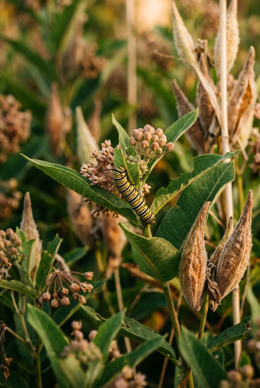 Milkweed plants with seed pods in a sunny garden bed