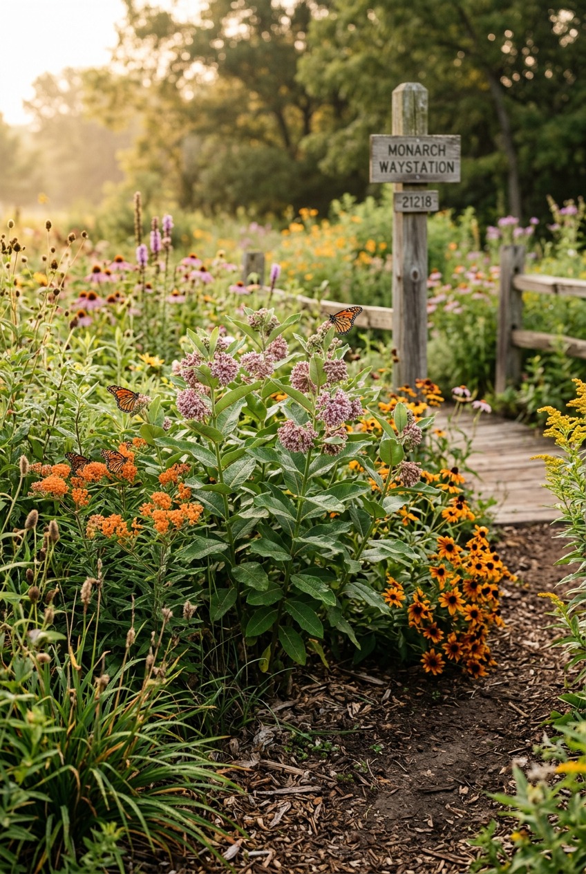 Butterfly weed with orange flowers growing in a sunny garden border