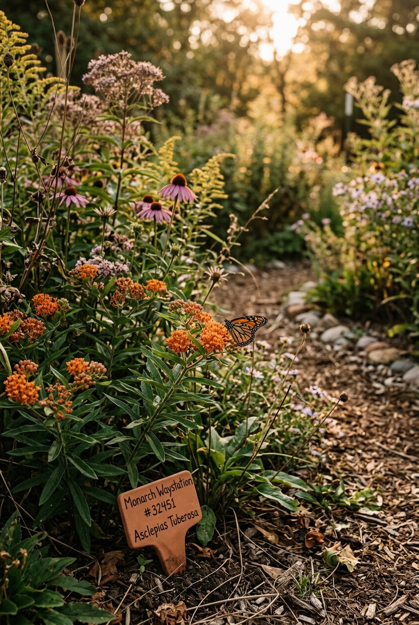 A garden bed layout with milkweed and native wildflowers in full bloom