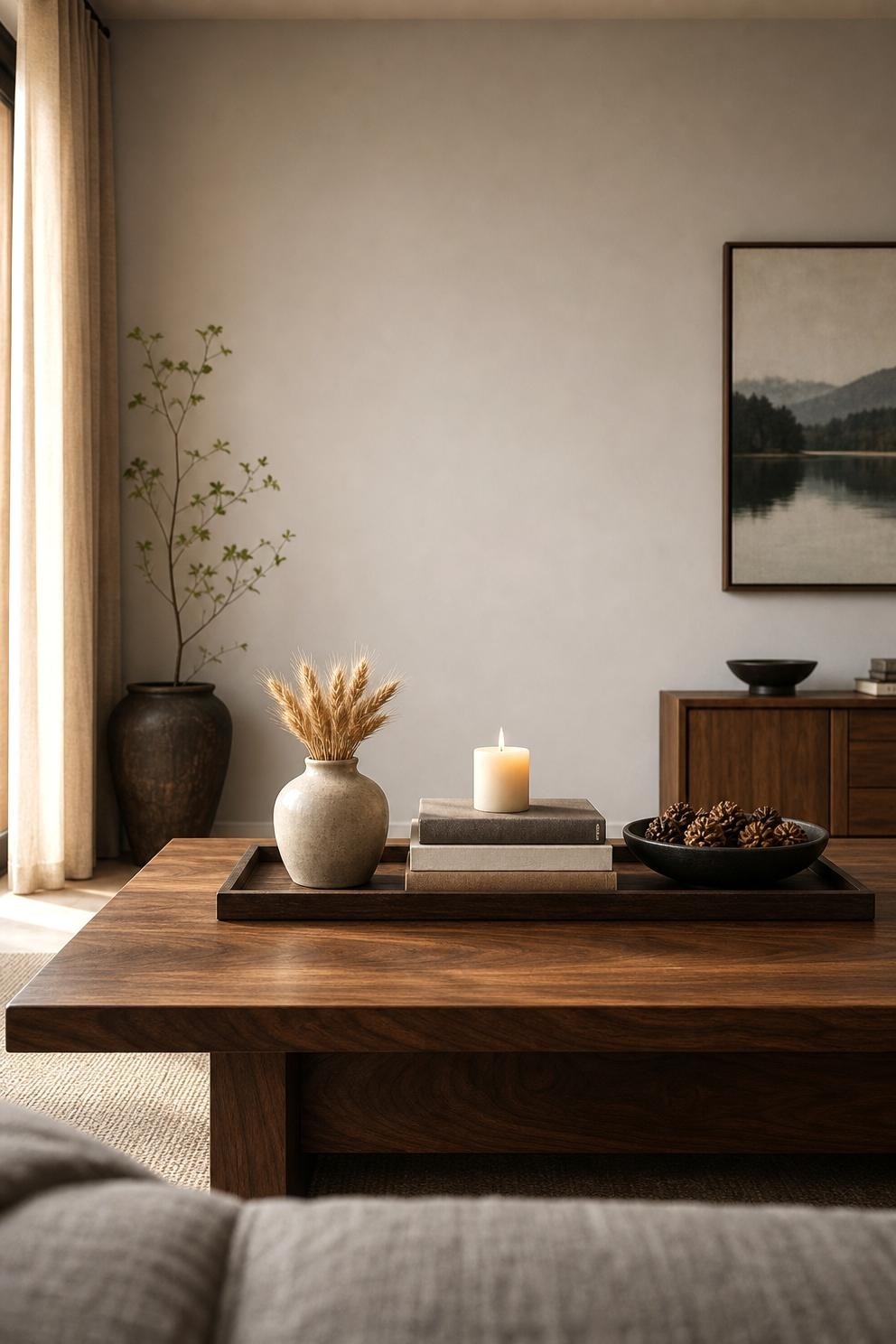 Side view of a styled coffee table showing the arrangement staying below the sightline from a seated position on the sofa