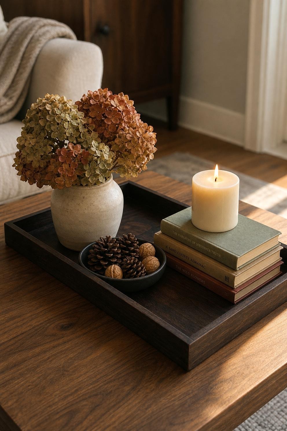 Coffee table tray with three clear heights: tall dried stems in a vase, a medium stack of books with a candle, and a low bowl