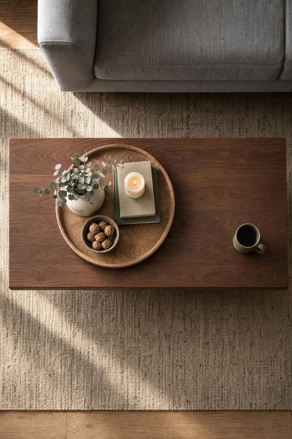 Round wooden tray sized to about half the length of a rectangular coffee table, holding a candle and a small vase