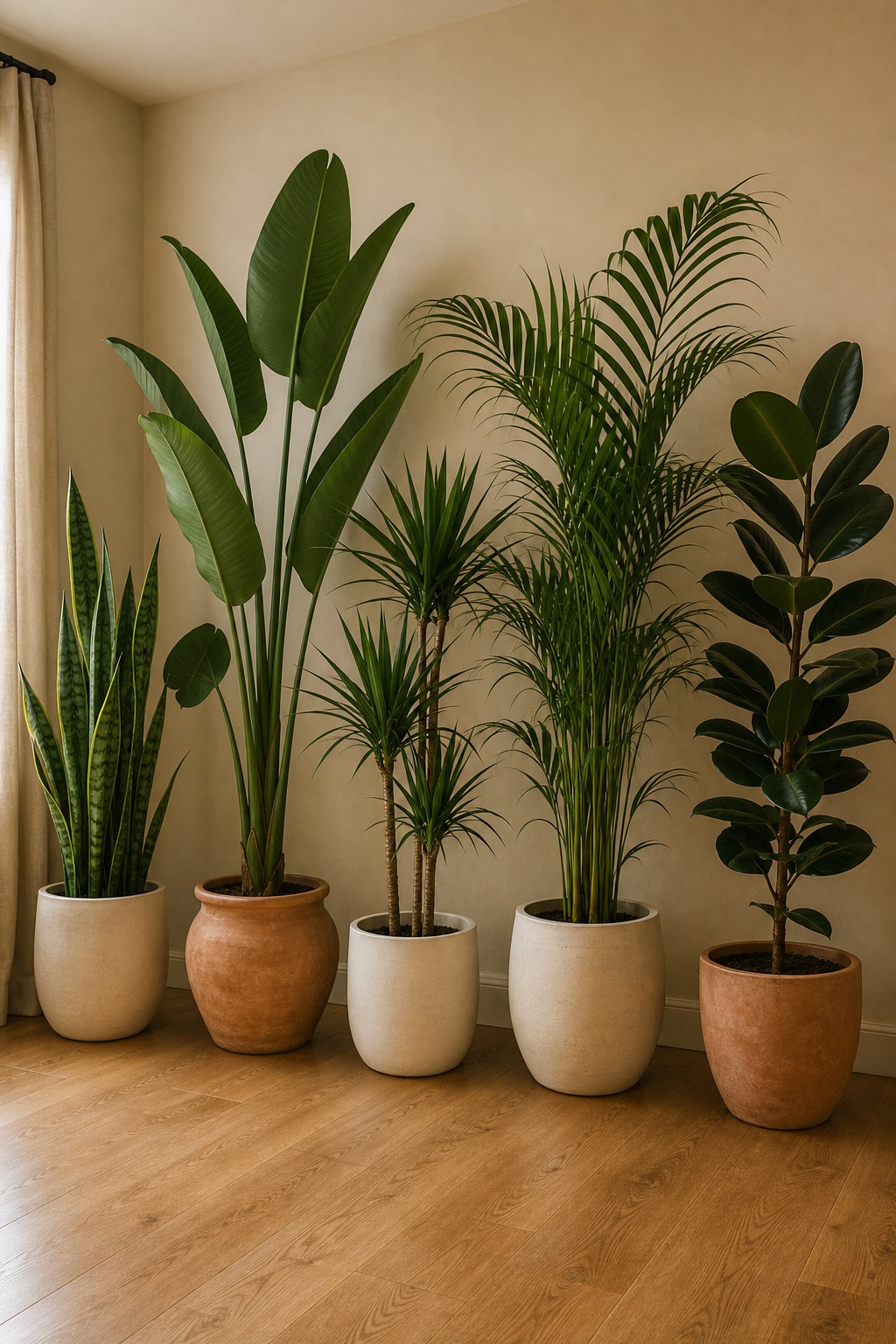 Five tall houseplants in cream and clay pots lined along a warm wall: snake plant, bird of paradise, dragon tree, kentia palm, and rubber tree