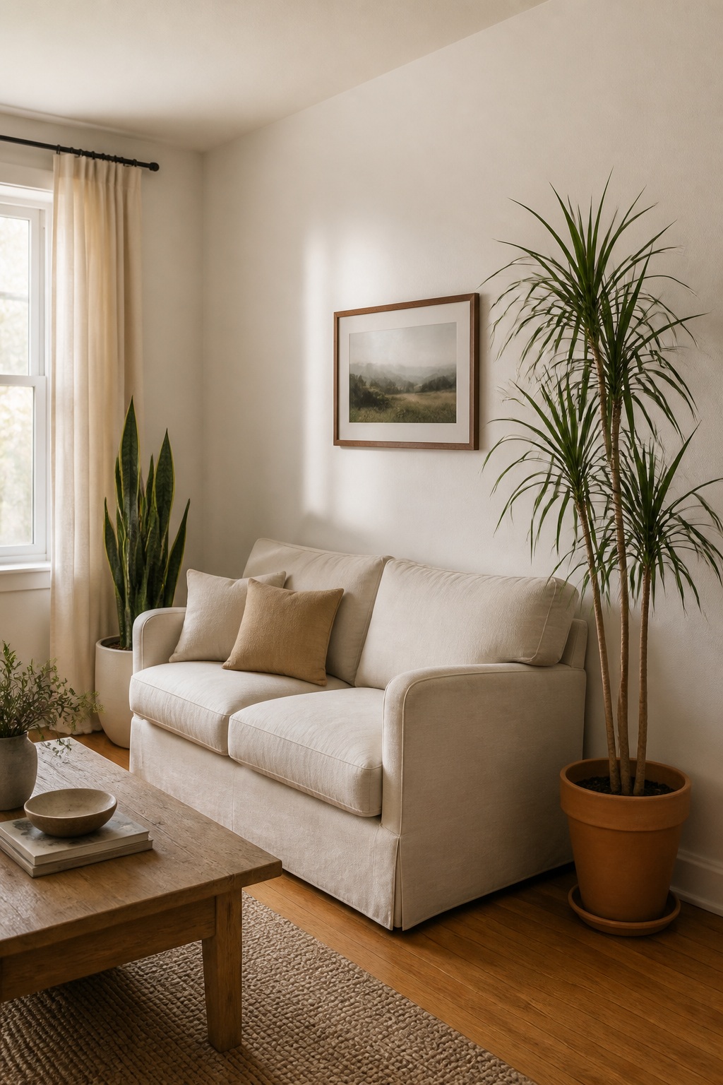 Small living room with a narrow snake plant in a cream pot tucked beside a loveseat and a slim dragon tree against the wall