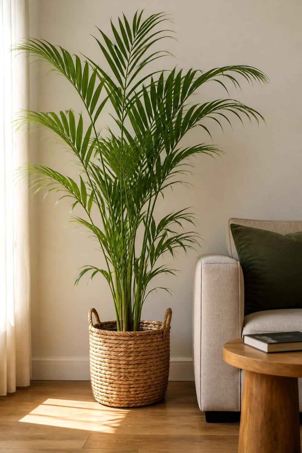 A kentia palm in a woven basket planter in the corner of a living room beside a linen sofa