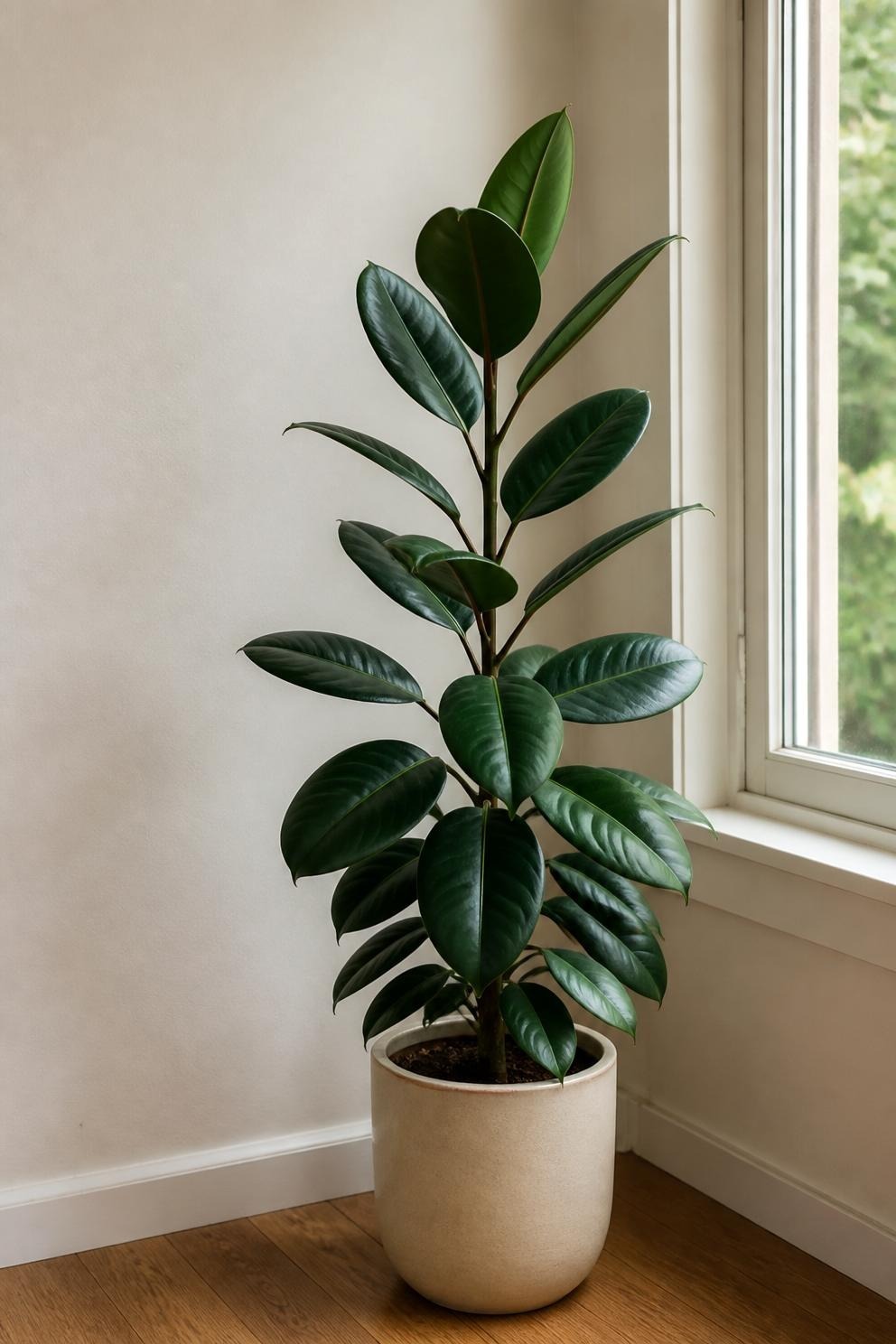 A rubber tree with glossy dark leaves in a ceramic pot beside a window in a living room