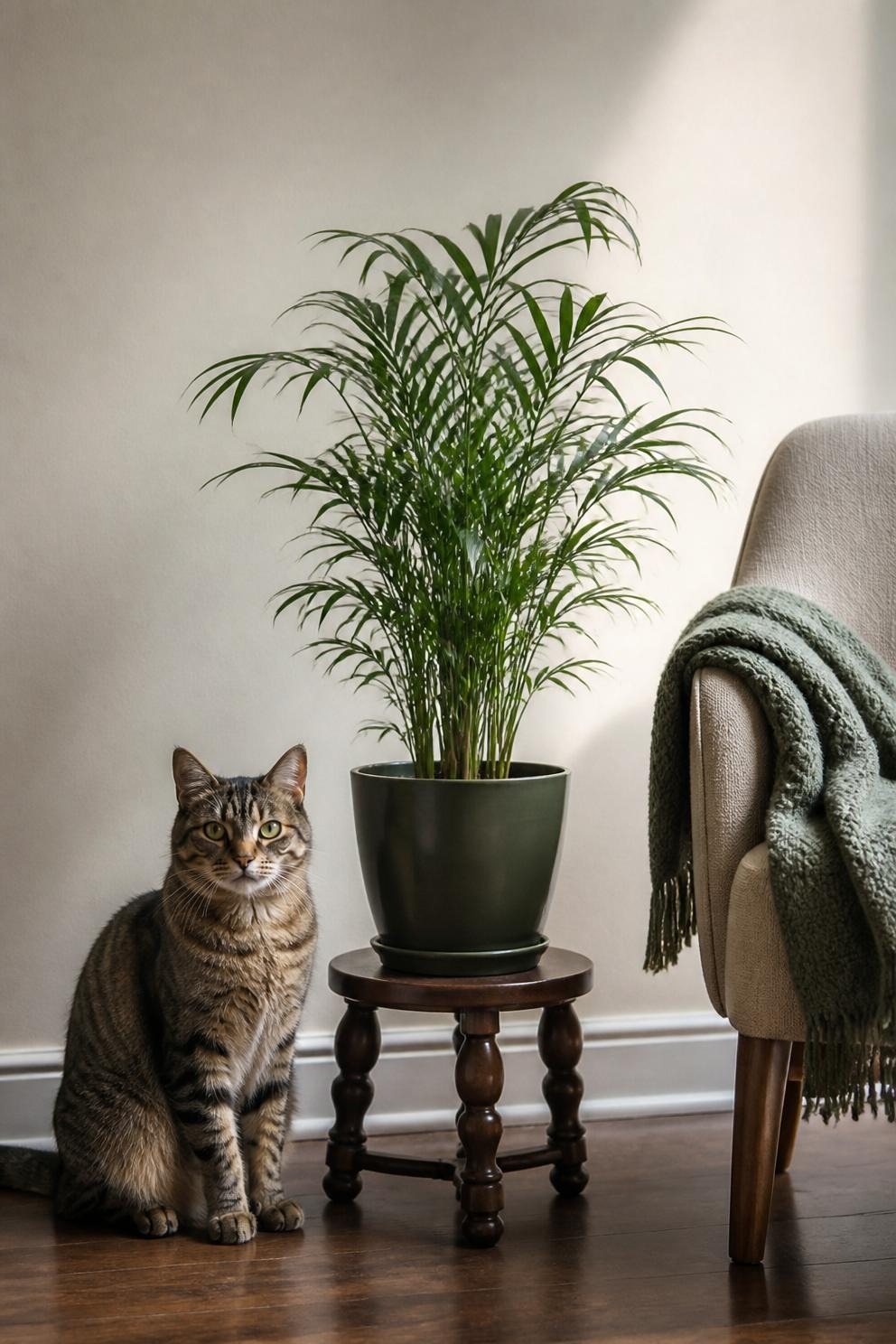 A parlor palm on a wooden plant stand in a living room corner with a cat sitting nearby