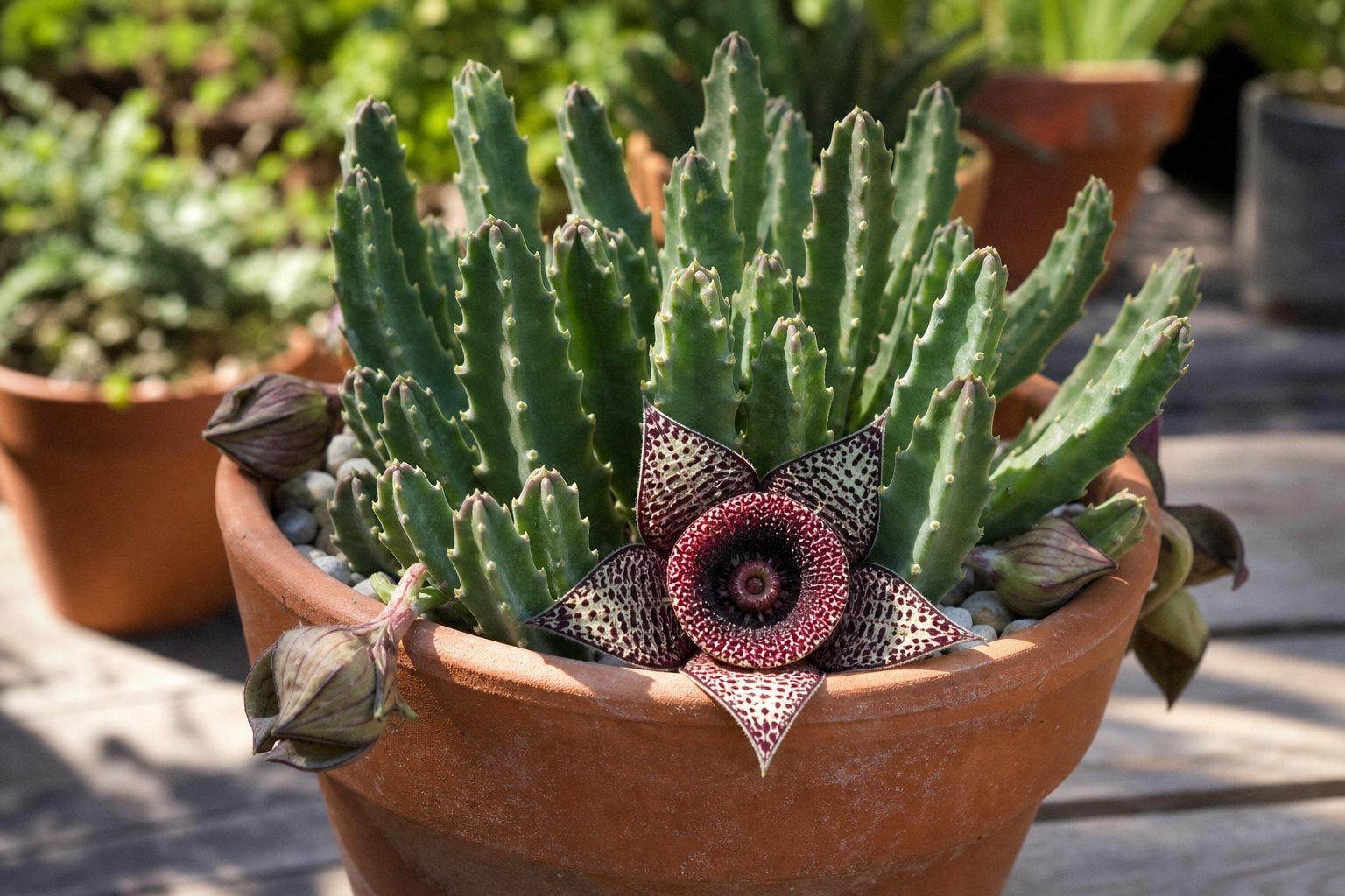 Small terracotta pot of Huernia succulents with angular green stems and a spotted burgundy star-shaped bloom