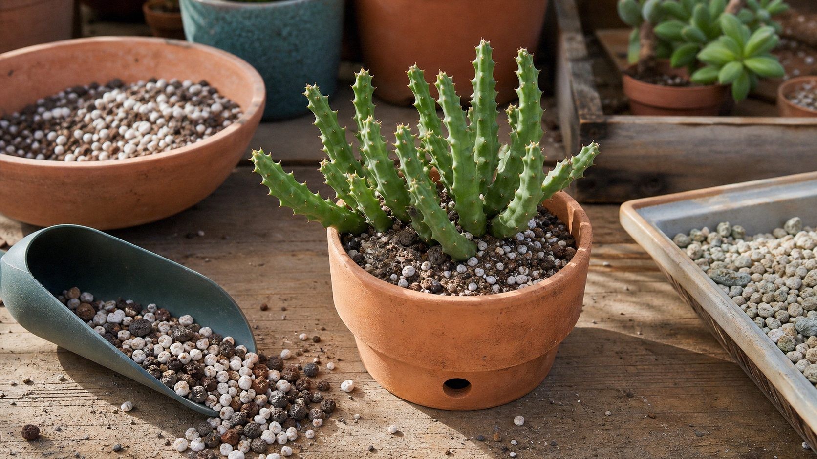 Huernia succulent being repotted into gritty cactus mix with pumice, terracotta pot, and drainage hole visible
