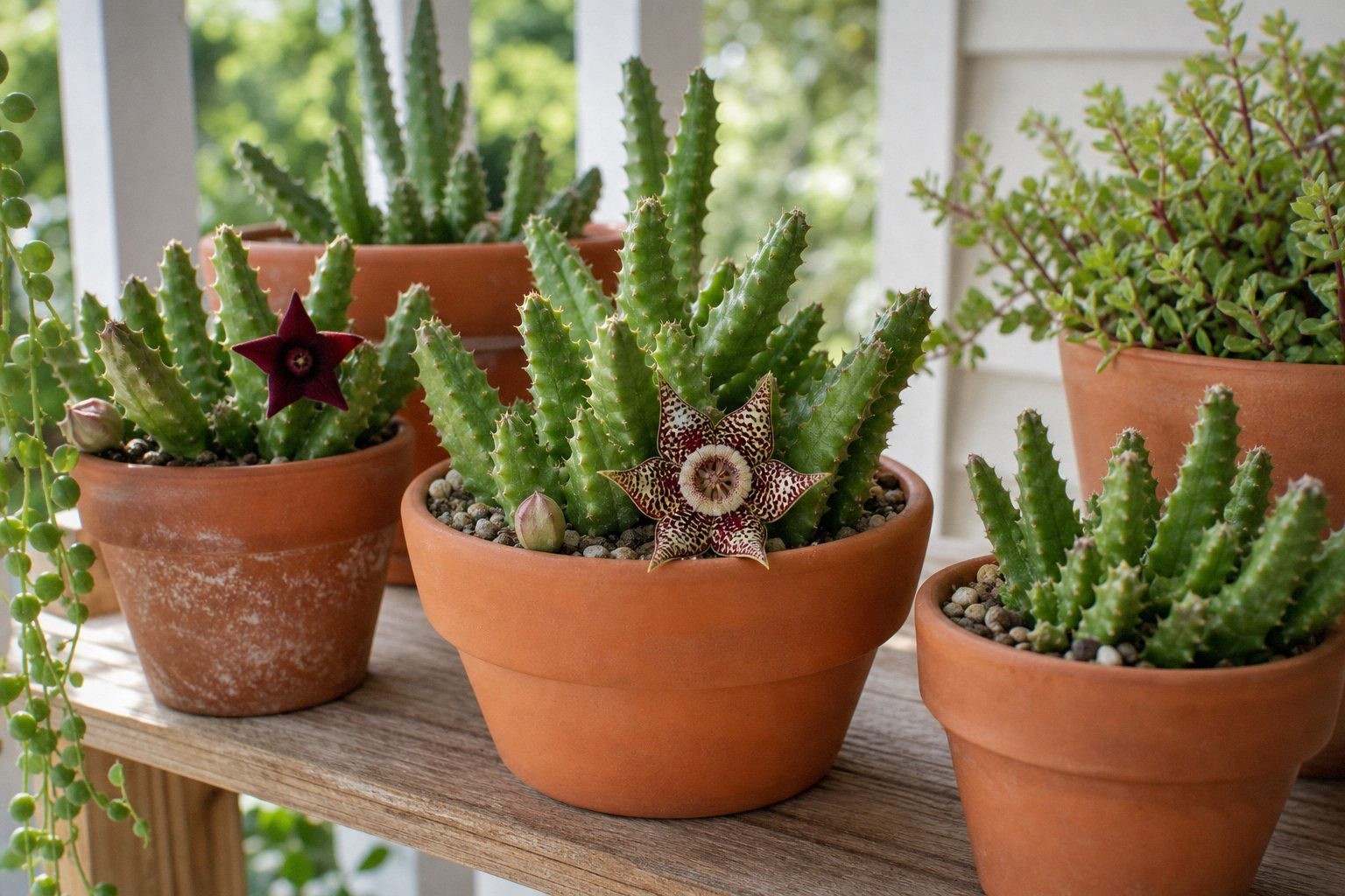 Small group of Huernia succulents in terracotta pots on a bright summer porch shelf with filtered sunlight