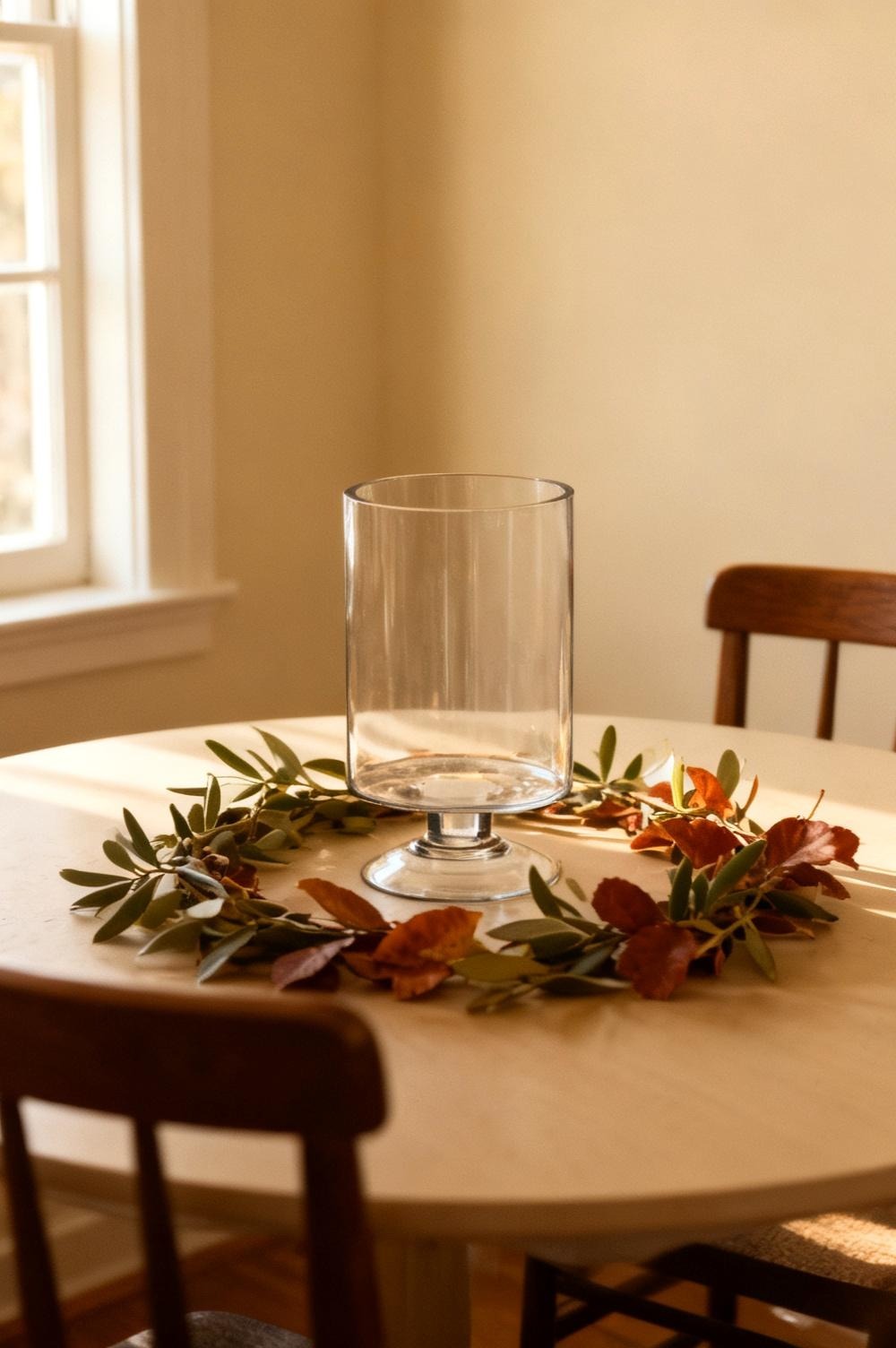 The CYS EXCEL stemmed glass hurricane candleholder at the centre of a small round dining table ringed with olive and rust leaves