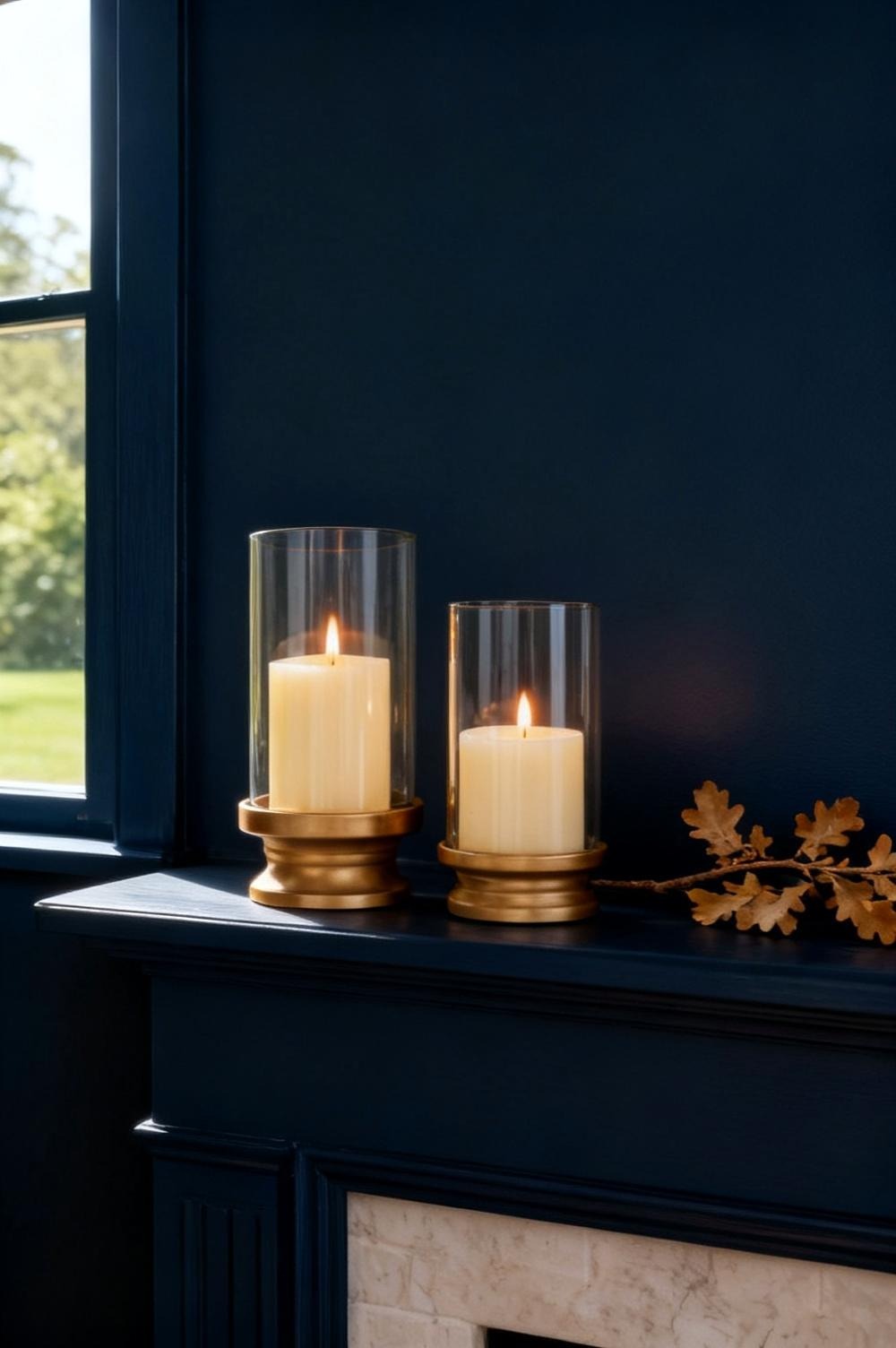 The NUPTIO matte gold hurricane pair on a dark painted mantel beside a dried oak branch
