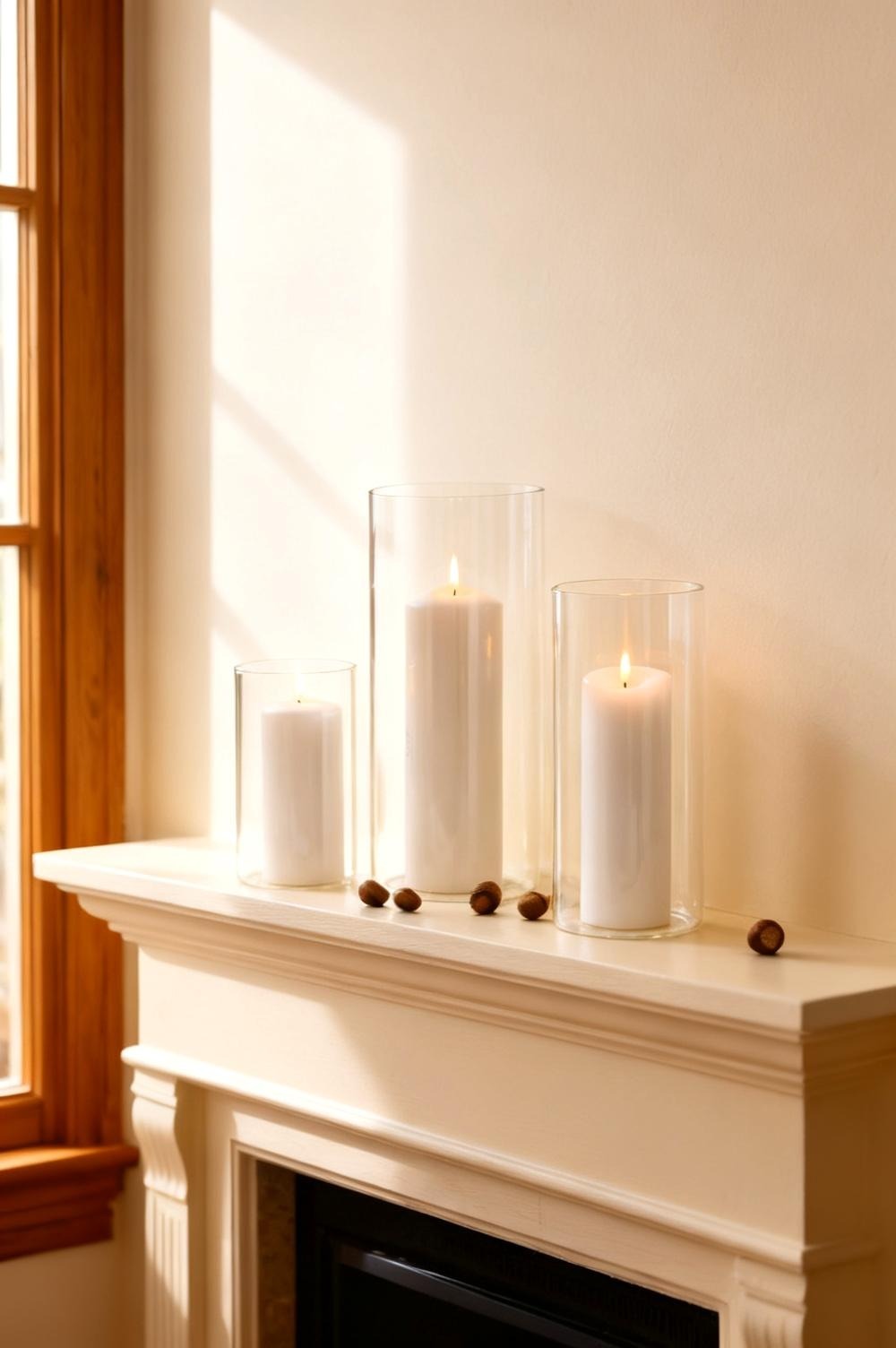 The PHOSPHOR seeded-glass hurricane candleholders grouped at their different heights on a painted mantel with acorns between them