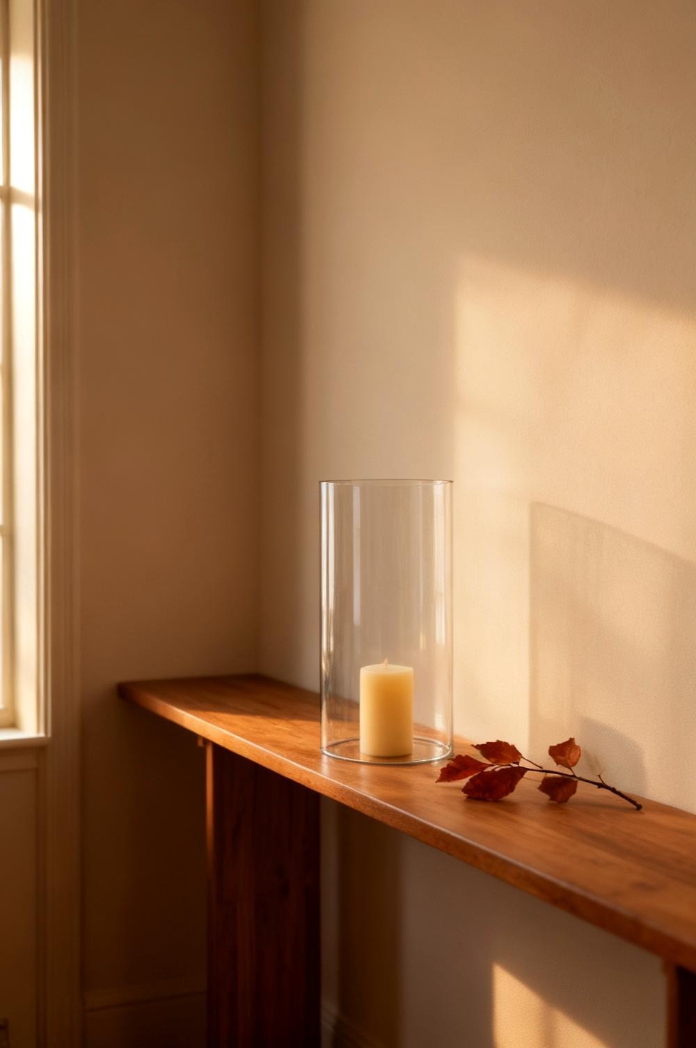 The WGVI clear glass hurricane sleeve over a cream pillar candle on a wooden console beside a rust leaf branch