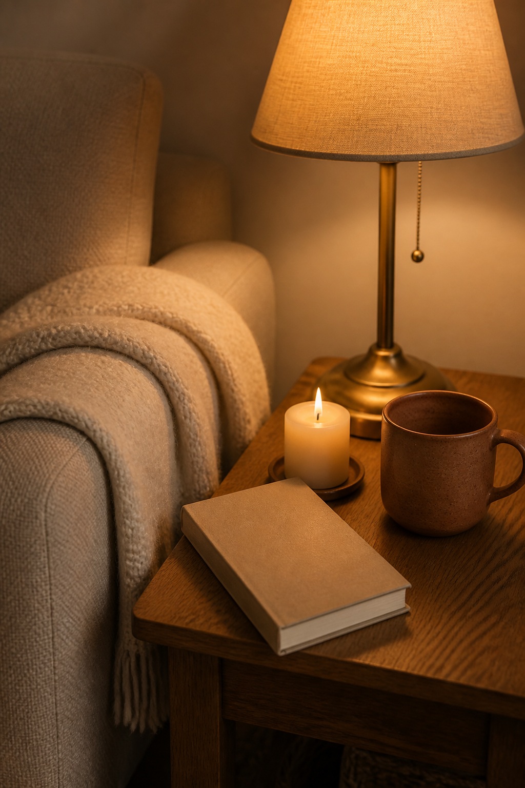 Side table with a warm brass lamp on, a folded wool throw on the chair beside it, a single candle, a ceramic mug, and an open book