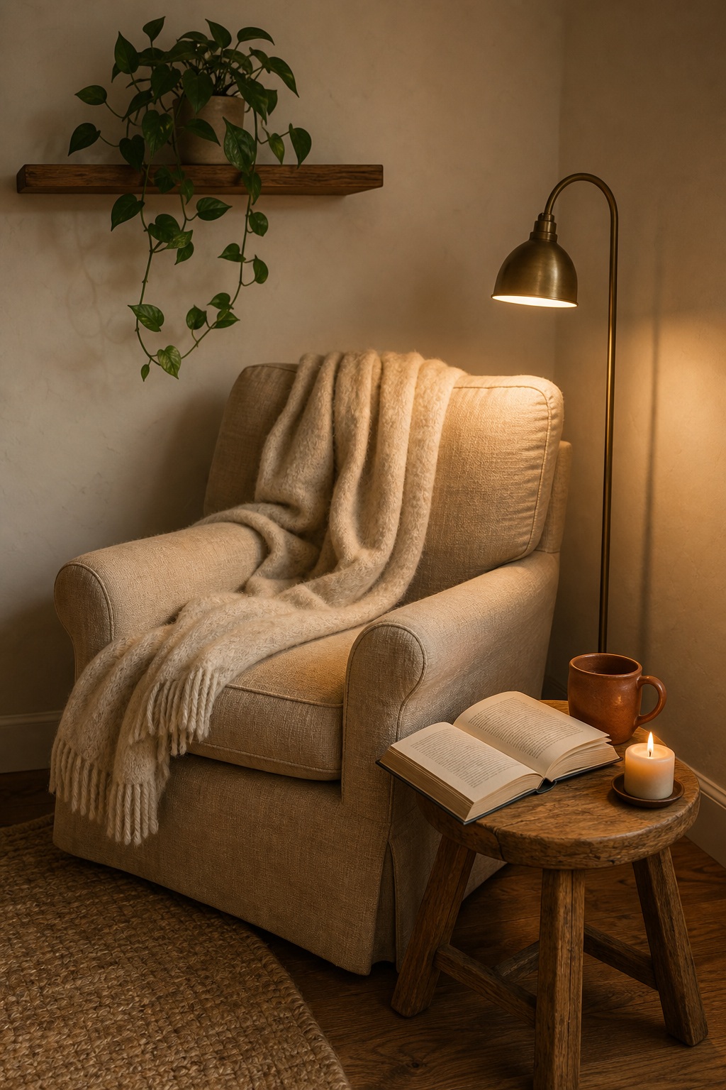 Cozy reading corner with an oat armchair, wool blanket draped over, ceramic mug on a small oak stool, open book, single candle, and a brass lamp